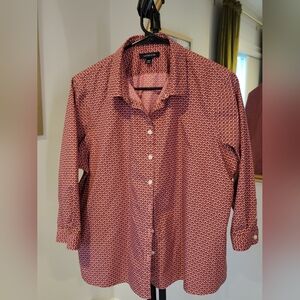 LANDS END 3/4 Sleeve Button Down Shirt 100% Cotton Pink Geometric  Size 14P